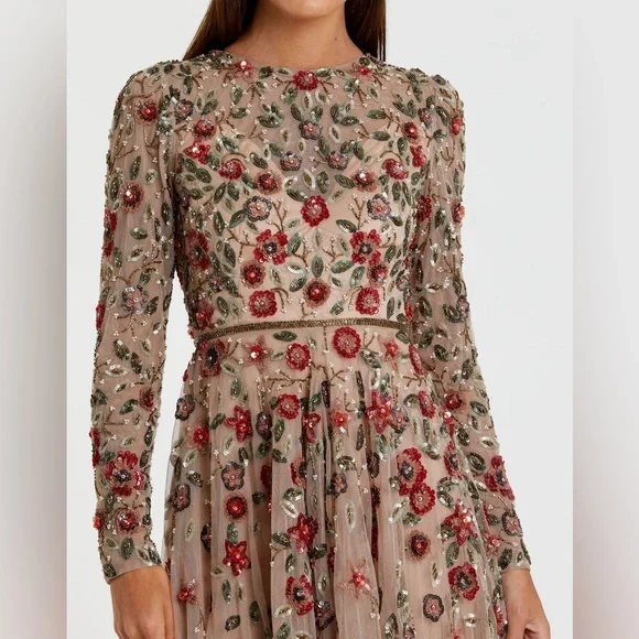 NWT $698 MAC DUGGAL Beige Embellished High Neck Long Sleeve A Line Gown DRESS - Picture 2 of 8